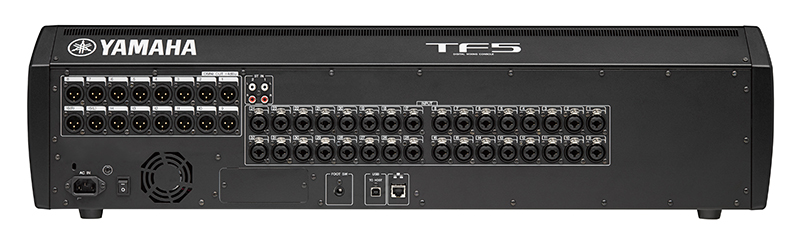 The rear panel has 32 analog inputs, 16 assignable analog outs, RJ-45 network port and an expansion slot for I/O options.