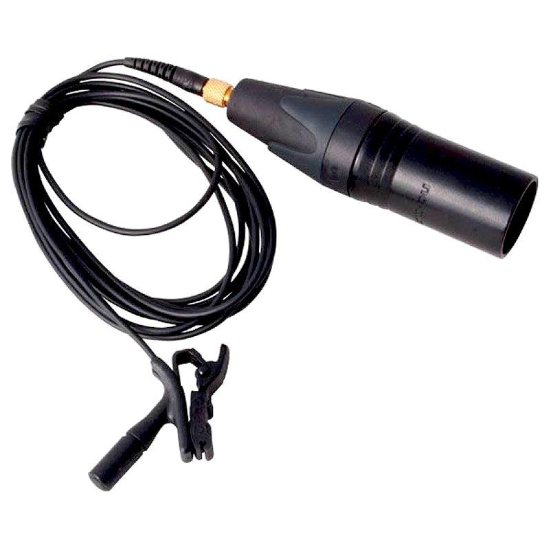 The mic, shown here with attached cable and fitted with optional XLR adapter for hard-wired applications.