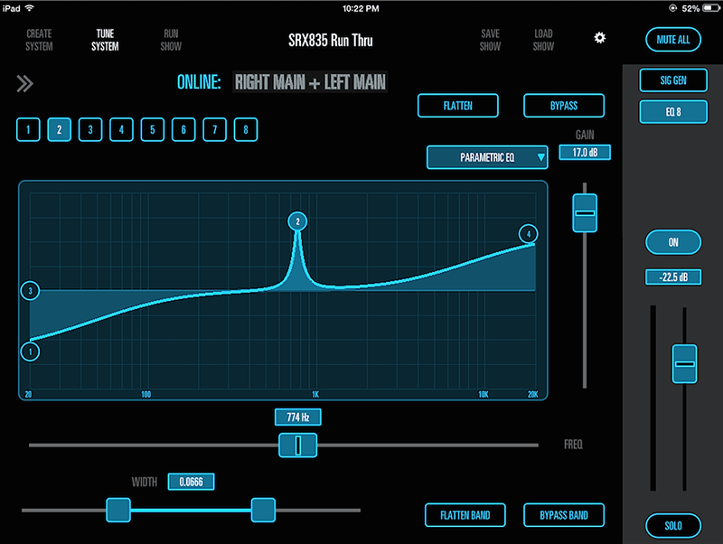 The free SRX Connect app for iOS (or Android) offers simple Wi-Fi control of levels, 20-band parametric EQ, sweepable high- and low-pass filters and more.