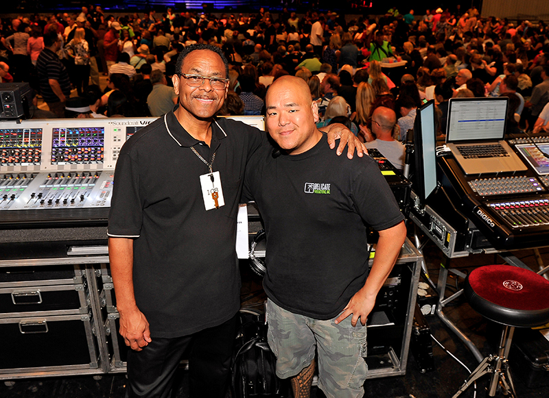 FOH engineers, left to right: Terry Jackson (EW&F) and Nate Lettus (Chicago). Photo by Steve Jennings