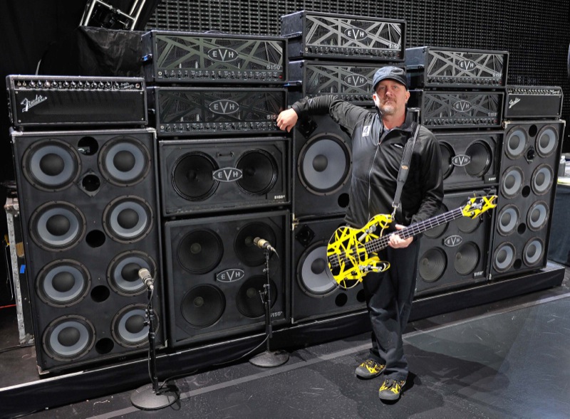 Bass tech Jim Servis with the bass rig, which used a combination of direct feed, cab simulator and miked enclosures, depending on the song. (c) Steve Jennings