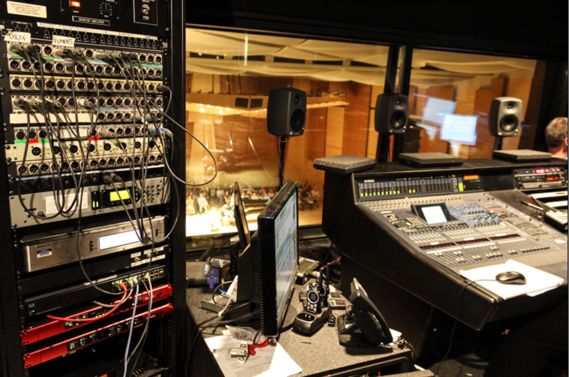 The sound room has a Yamaha DM2000 console that doubles as a recording and P.A. console.