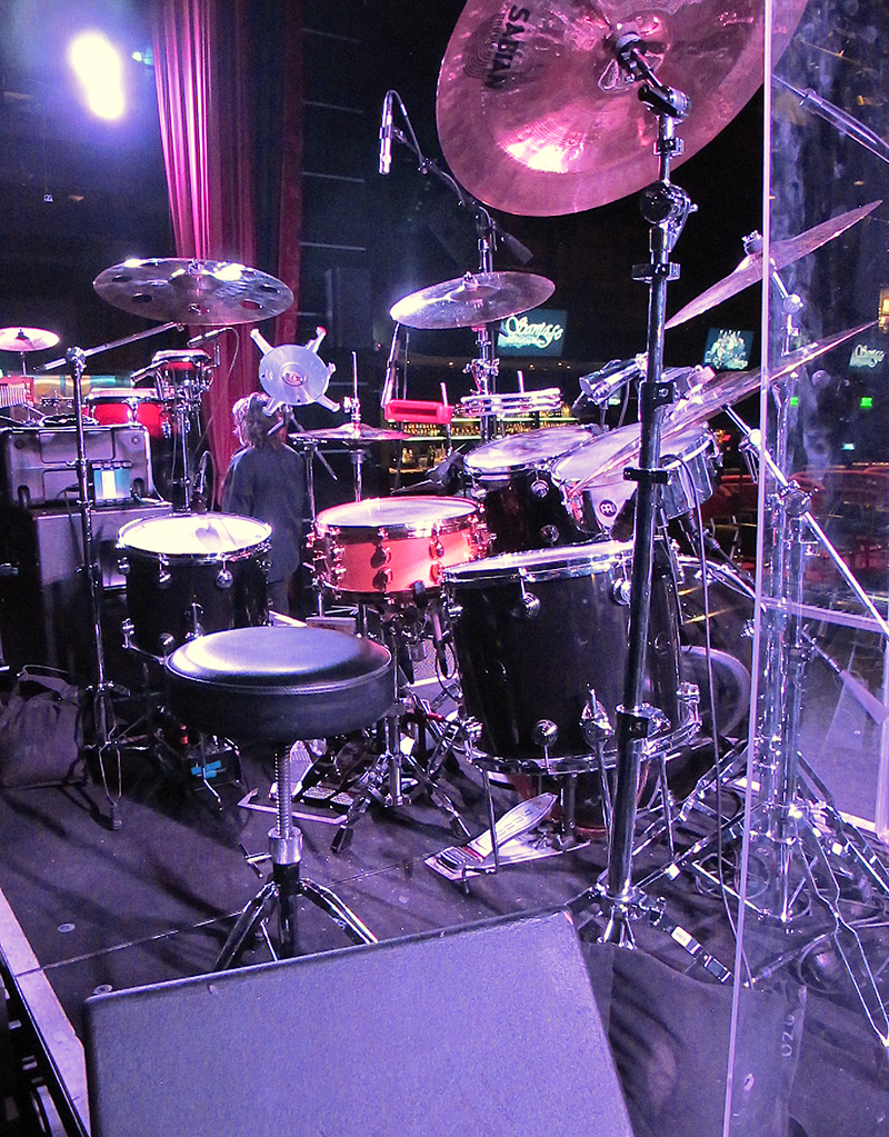 A plexi shield on drummer Pepe Jimenez’ kit keeps bleed under control on the crowded stage. 