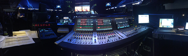 Not your father's corporate setup: OSA's FOH position for the Microsoft Xbox E3 Briefing at the Galen Center Arena in Los Angeles in June 2015.