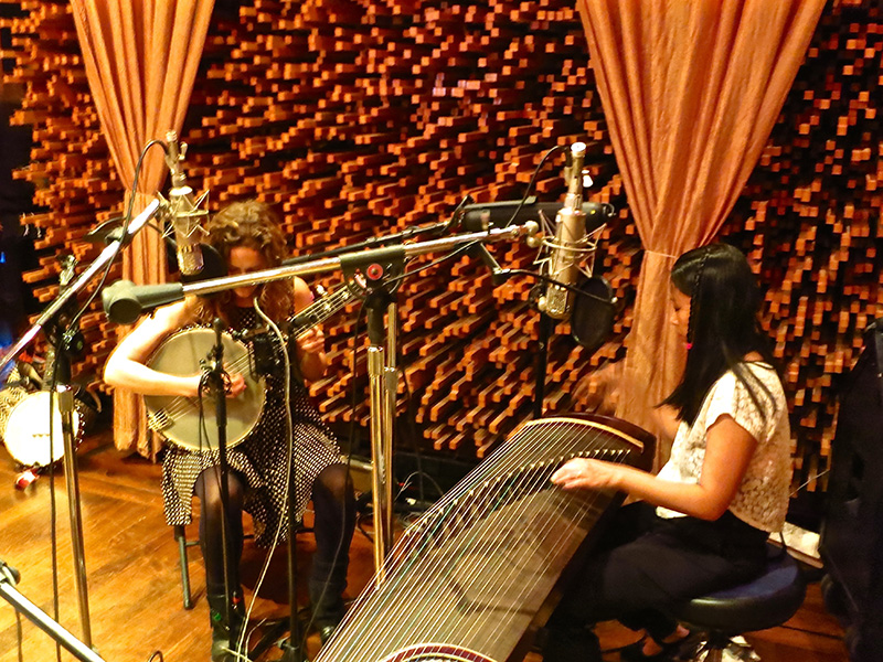 Miking a guzheng and banjo duet in Blackbird’s Studio C.