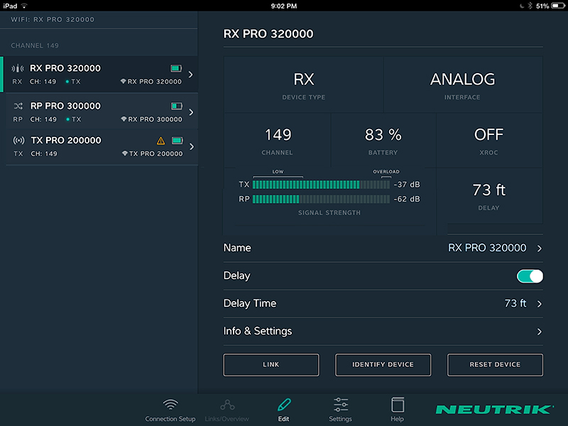 Control screen on iPad showing a three-module system (TX, RX and Repeater), set to show receiver status.