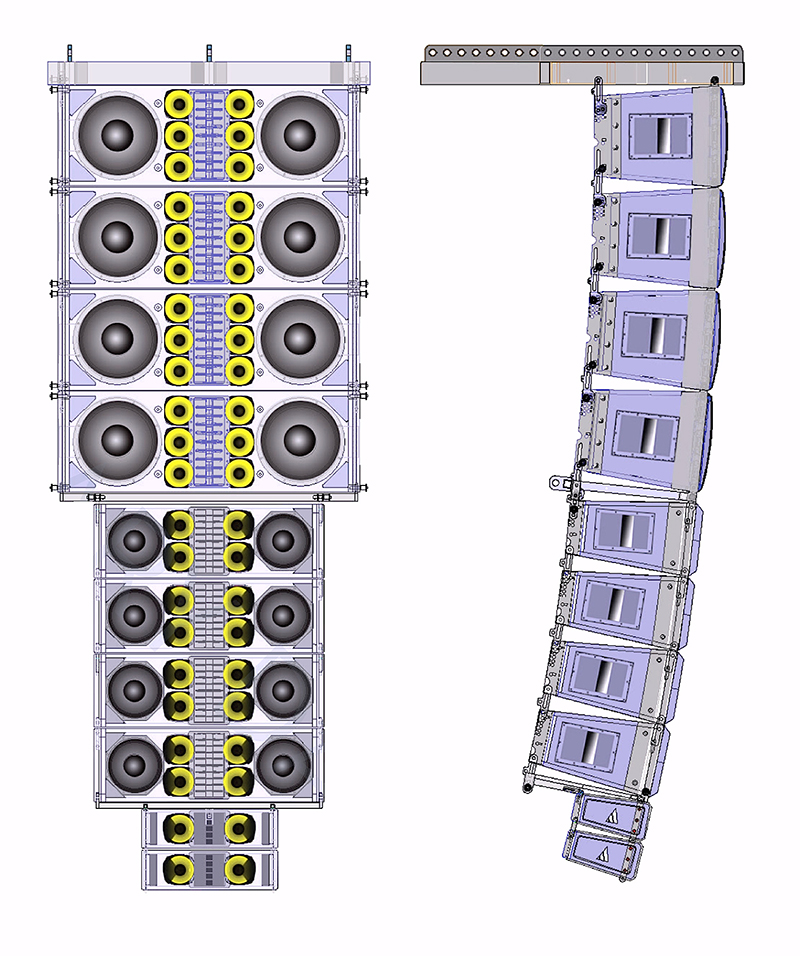 Diagram of al-12/al-8/al-4 hang shows alignment of the MF/HF sections in all cabinets