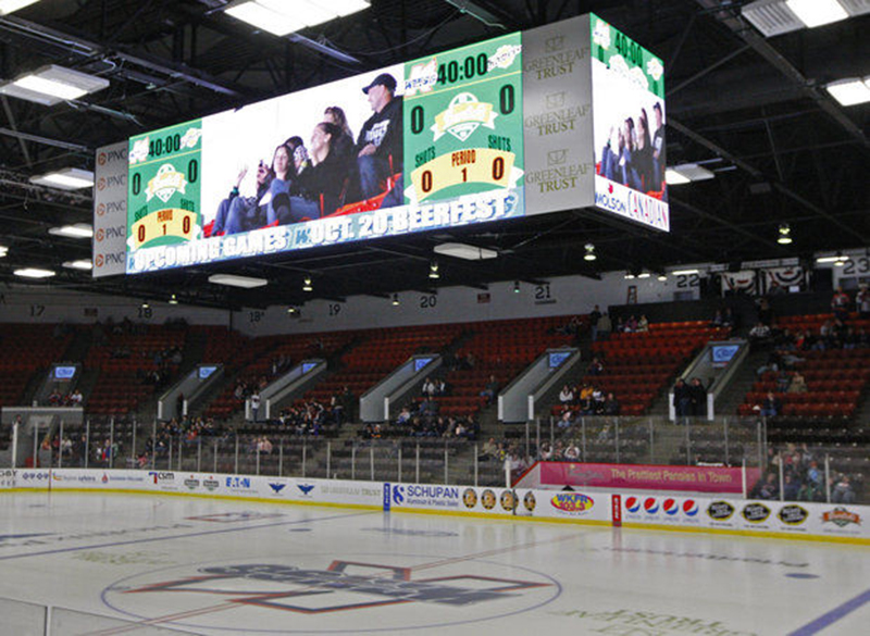 Inside the Wings Event Center. RCF’s P4228 and flown subwoofers pack a punch. 