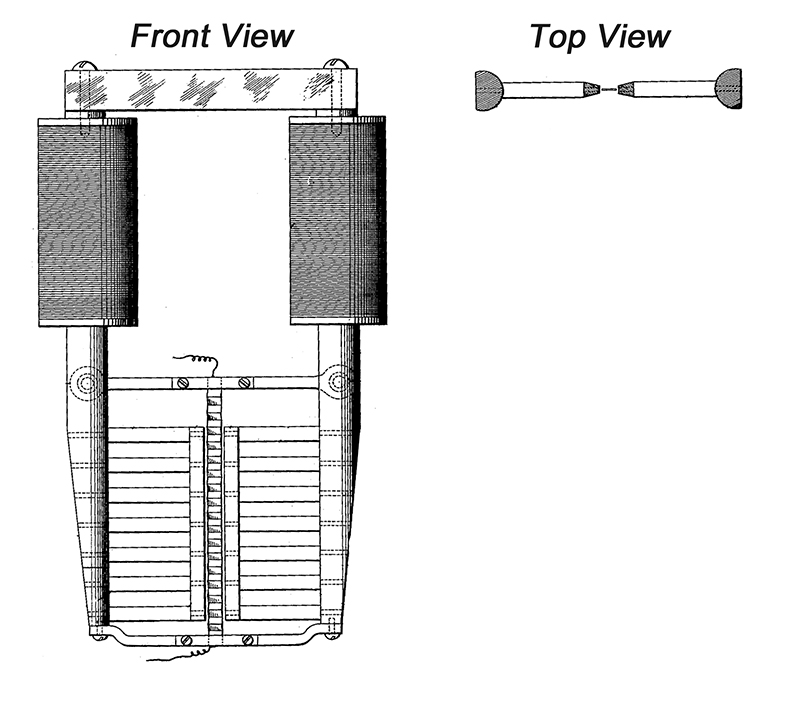 Detail from Harry Olson’s original 1931 patent for the first ribbon microphone shows the large field coils used to create an electromagnetic field to energize the pole pieces (later models used permanent magnets) and a corrugated, thin, low-mass metallic ribbon suspended between the two.