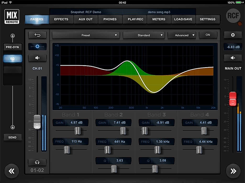 The EQ page offers slider control for the two shelving and two parametric bands. 