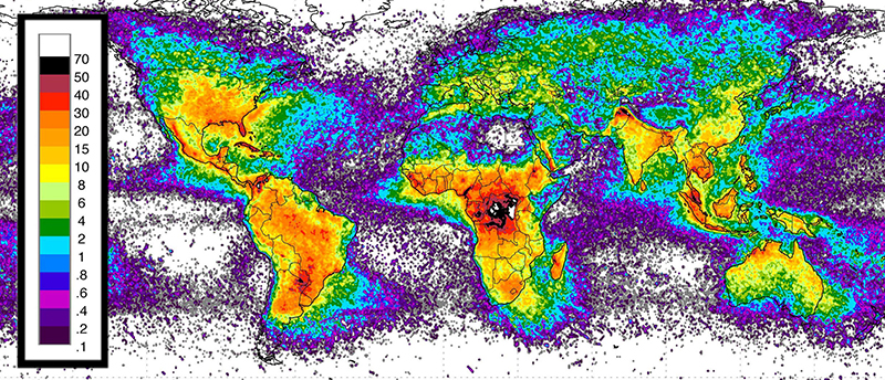 This NASA map indicates distribution of lightning strikes worldwide in strikes per square kilometer. Lightning probability is greatest (indicated by red/orange coloring) in Florida and the southern states, while far less likely along the Pacific coast, although lightning can, and will, happen anywhere. Image courtesy NASA