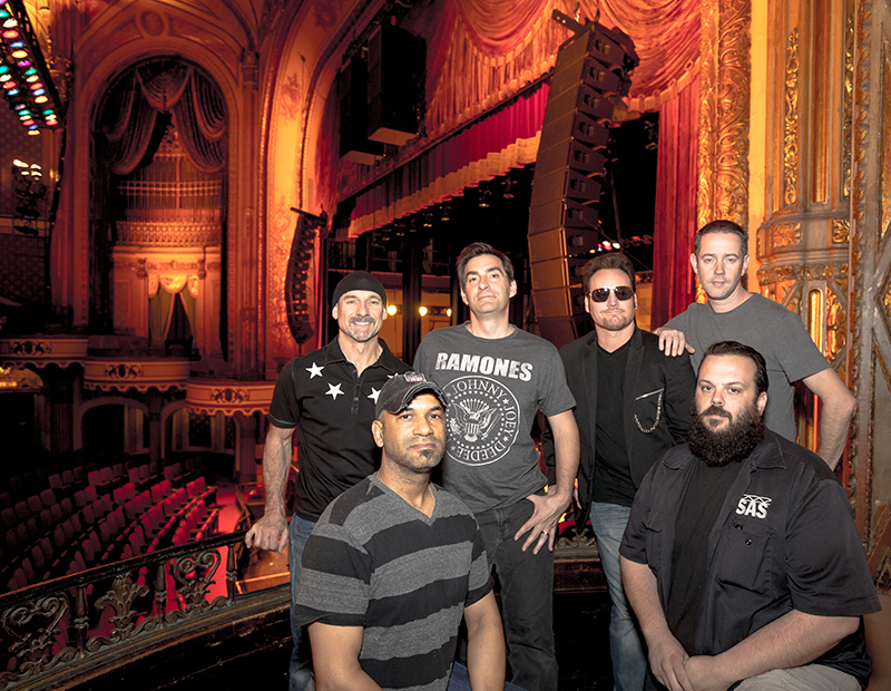 Band and install crew in between tests. Kneeling L/R: Orpheum head audio Jon Bullock; SAS Productions A1 Mario Rodriguez; L.A.vation members, standing L/R: Bart Davis, Mike Rovatsos, Jason Theisen and Jorgen Ingmar.