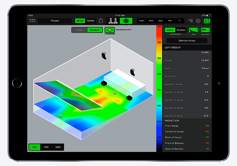 EAWmosaic's Venue View screen offers online or offline venue design, prediction and optimization, with simple PDF export of system design and a listing of critical properties. 