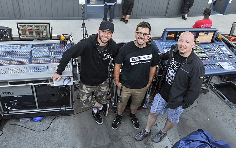 FOH crew, (L-R): Marko Vujovic, Korn FOH engineer; Andrew Dowling, system engineer; Mark Woodcock, Rob Zombie FOH engineer. Photo by Steve Jennings