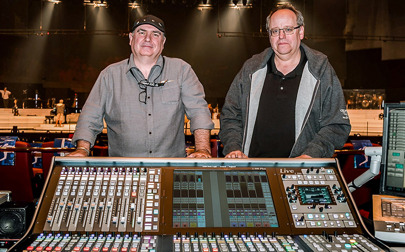 From left, Denis Savage (Celine Dion's Tour Manager and Front of House engineer) and (right) Frankie Desjardins (Systems Engineer and Solotech Chief Technical Advisor). Photo courtesy SSL