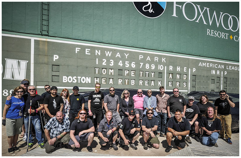 Tom Petty's 2014 touring crew, pictured at Boston's Fenway Park, includes Fernandez (back row, blue shirt, center-right) and FOH mixer Robert Scovill (third from left).