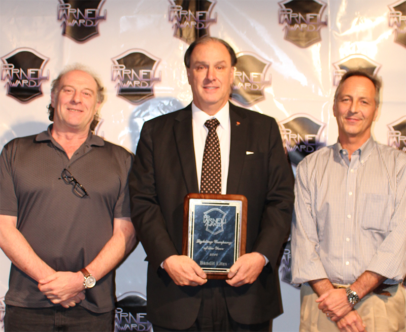 Bandit Lites' DizzyGosnell, MichaelStrickland and Michael Golden with the 2016 Parnelli Award for Lighting Company of the Year