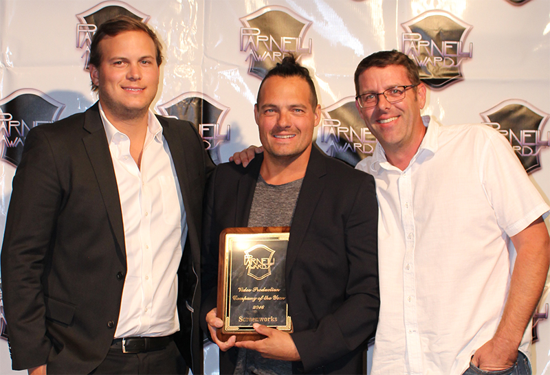 Screenworks' Nick O'Bryen, Randy Mayer and Marty Kell with the 2016 award for Video Production Company of the Year.