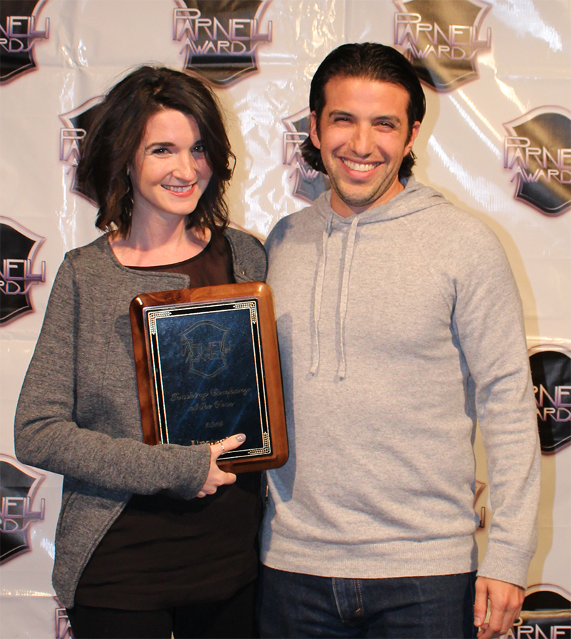 Upstaging's Jen Clark and Evan Lawrence with the 2016 award for Trucking Company of the Year