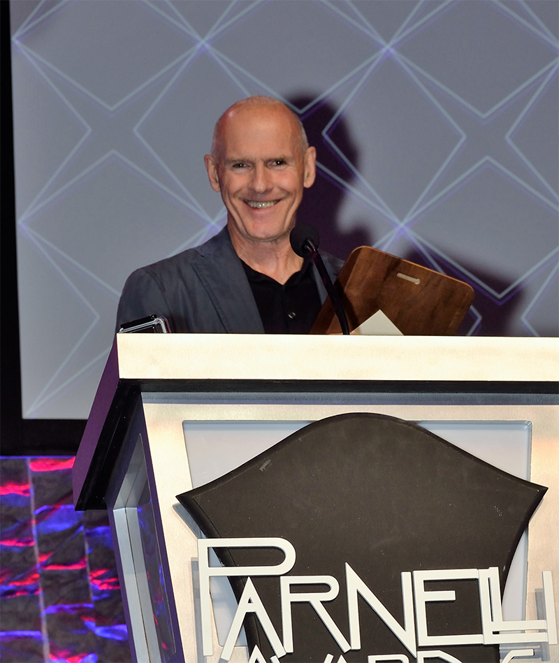 Stageline's Yves Miron with the IT Staging award at the 2016 Parnelli gala.