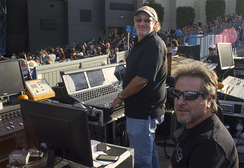 Lead FOH tech Dennis Deem (standing), assistant FOH tech Pete Roberts (seated). Photo by Wes Norwood