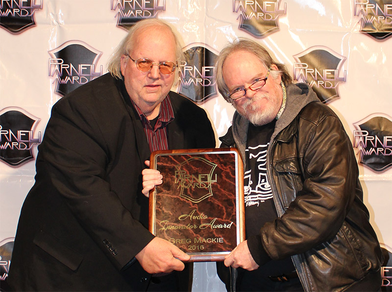 FOH Magazine editor George Petersen and Greg Mackie, 2016 Parnelli Audio Innovator of the Year