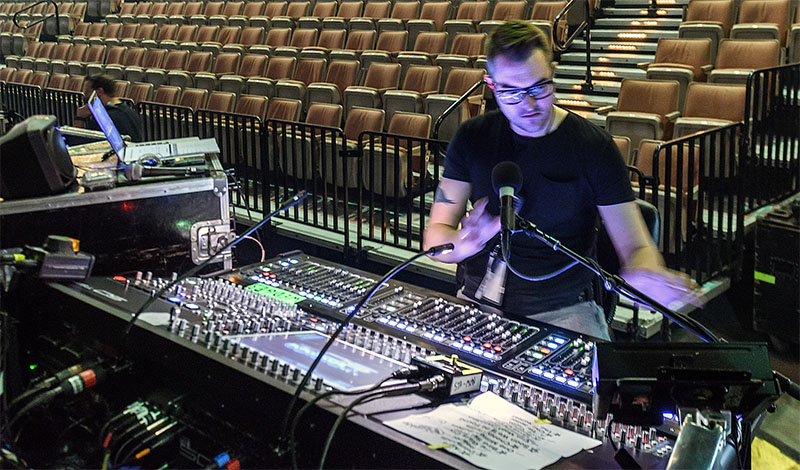 Monitor engineer Adam Jackson running a pre-show check at Mandalay Bay Arena, Las Vegas.