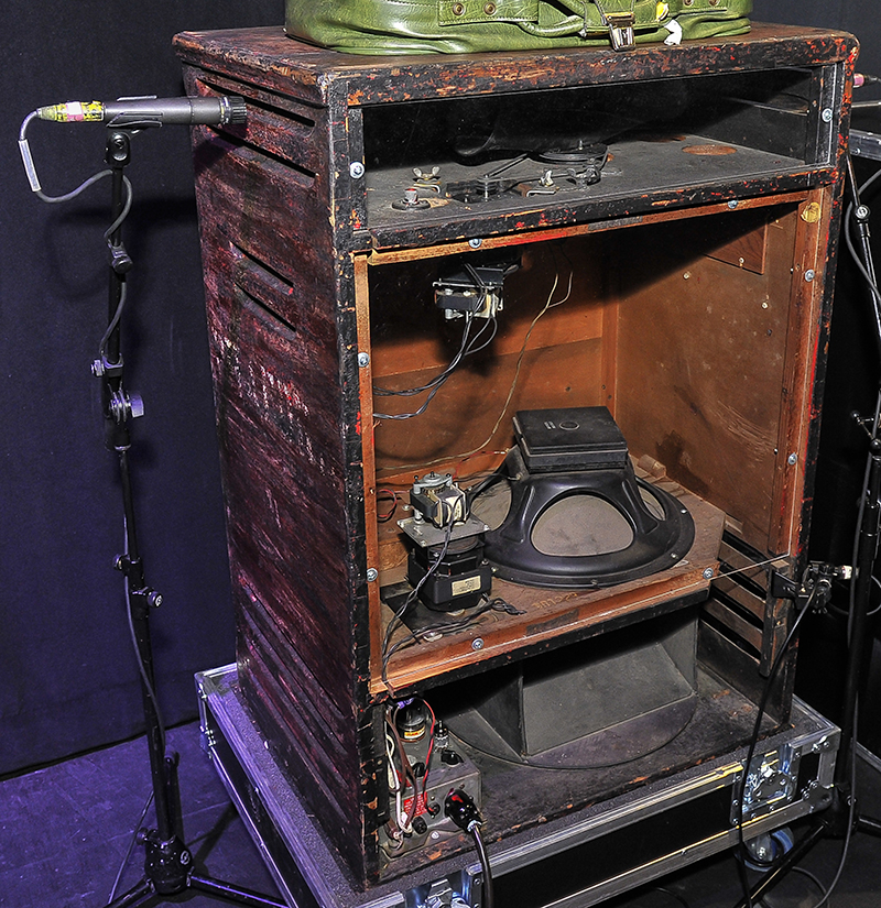 This well-used Leslie cabinet was miked with a pair of SM57s. Photo by Steve Jennings