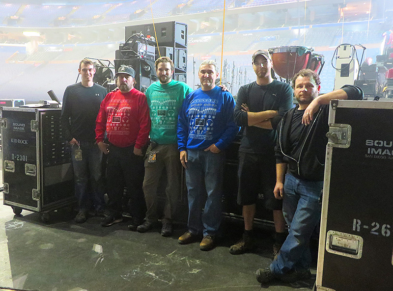 The audio crew, from left: Taylor Anthony, Mike E. Clark, Luke Johnson, Steve Cross, Dave Shatto and Joe Calabrese. Note: Clark, Johnson and Cross are wearing audio engineer-ugly sweaters given to them by LD Nook Schoenfeld.