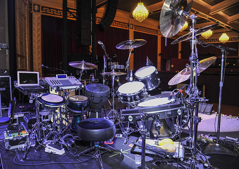 Plenty of action in the drum department — a fairly small DW kit, but with an Akai MPC Renaissance, Korg WaveDrum, djembe, doumbek and assorted hand percussion. Photo by Steve Jennings