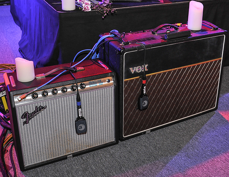 Simple-but-effective miking of Craig Bartock’s guitar rig, with a hung Sennheiser Evolution e906 on the sweet spot of each amp. Photo by Steve Jennings