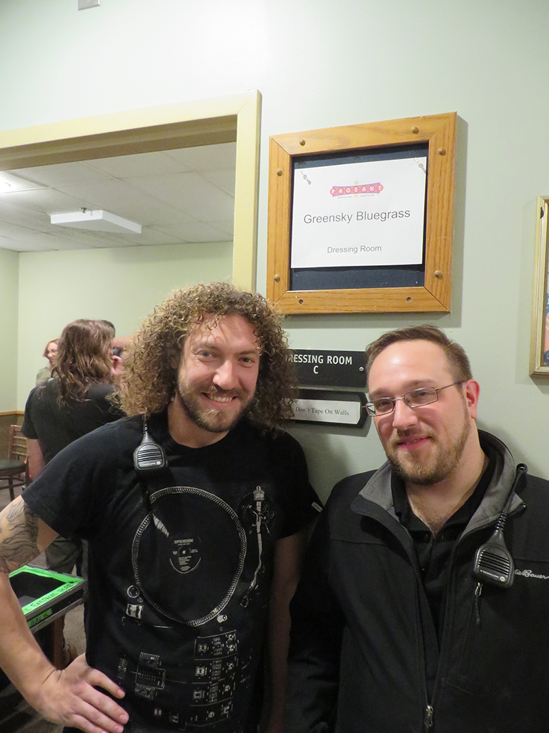 Backstage - monitor engineer Caleb Conway (left) with FOH mixer Greg Burns