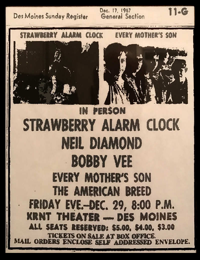 Miller’s first show with Neil Diamond – Dec. 29, 1967, Kent Theater, Des Moines, IA