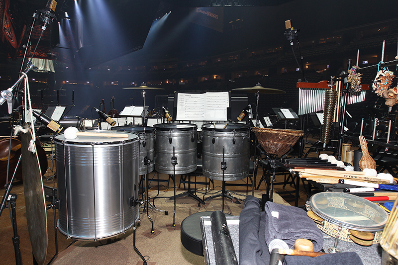 The enormous toms in the vast percussion setup were captured mainly by Heil PR-40 close-in mics and AKG C-414 overheads.