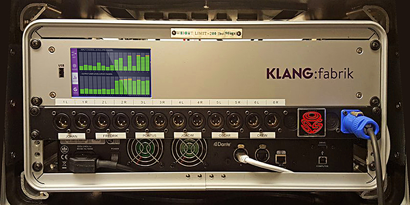 The KLANG:fabrik 3D monitoring processor mounts on the rear of the mixer rack case.