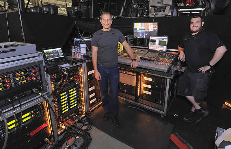 Monitor engineer Andy Ebert (left) and monitor tech Andrew Bongardt. Photo by Steve Jennings