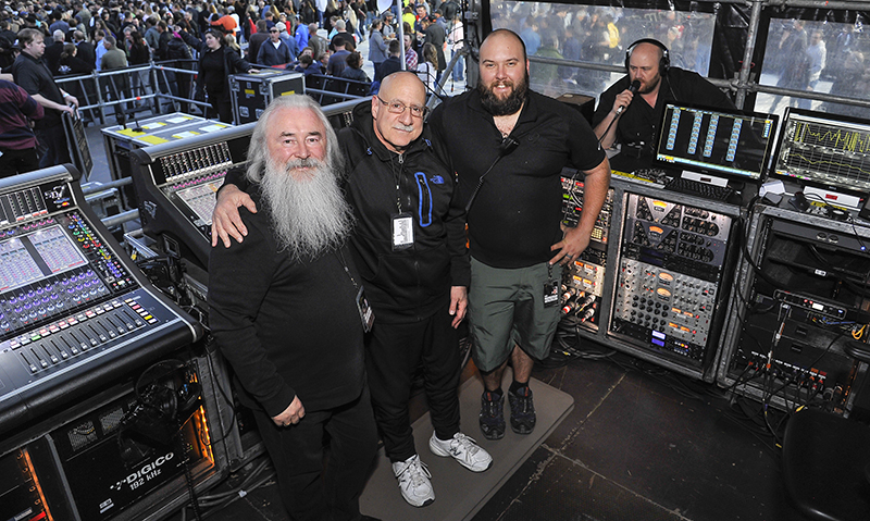 The FOH team, from left: FOH engineer Joe O’Herlihy; system engineers Jo Ravitch and Joel Merrill; and Pro Tools engineer Mike LaCroix. Photo by Steve Jennings