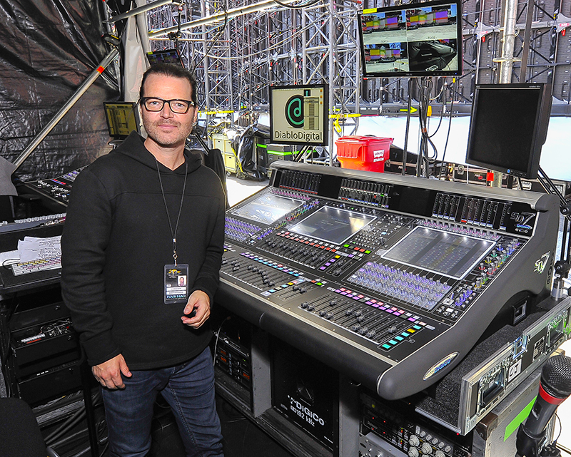 CJ Eiriksson handles monitors for Adam Clayton and Larry Mullen Jr. Photo by Steve Jennings