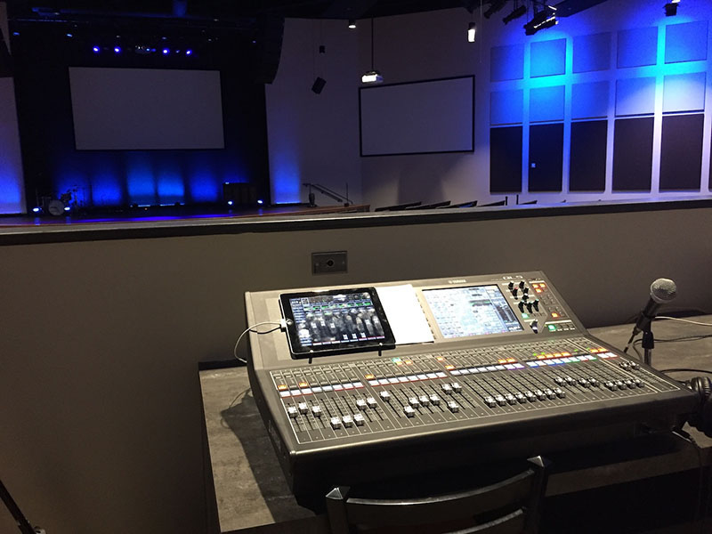 A Yamaha QL5 with a Rio 3224-D input output box is used for the main worship space.