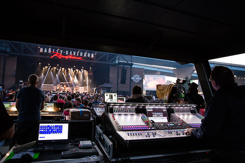 Harley Davidson Roadhouse stage FOH with DiGiCo consoles in use