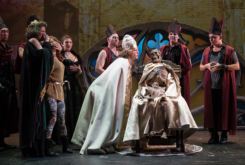 David Larsen as Pope Stephen VII with dead Pope Formosus and the Cadaver Synod ensemble, photo by Russ Rowland