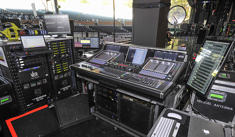 OneRepublic 2017 tour photo by Steve Jennings. Pictured, Dave McMullin’s monitor setup, which included a DiGiCo SD5.