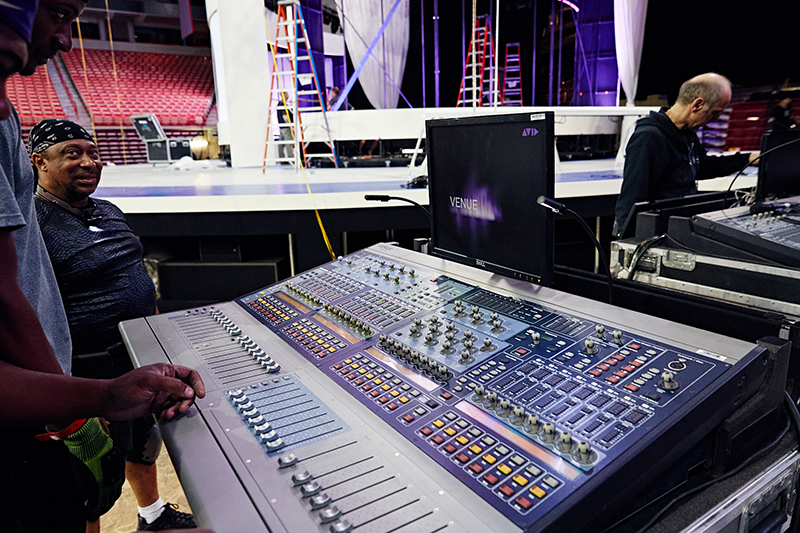 On far right Renato Petruzziello sets up monitor world .