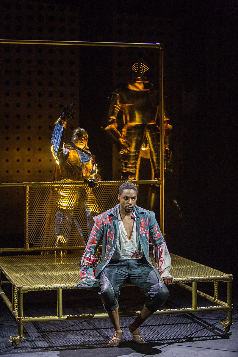 Michael Genet as The Ghost and Grantham Coleman in the title role of Hamlet. Photo by Jim Cox - The Old Globe.