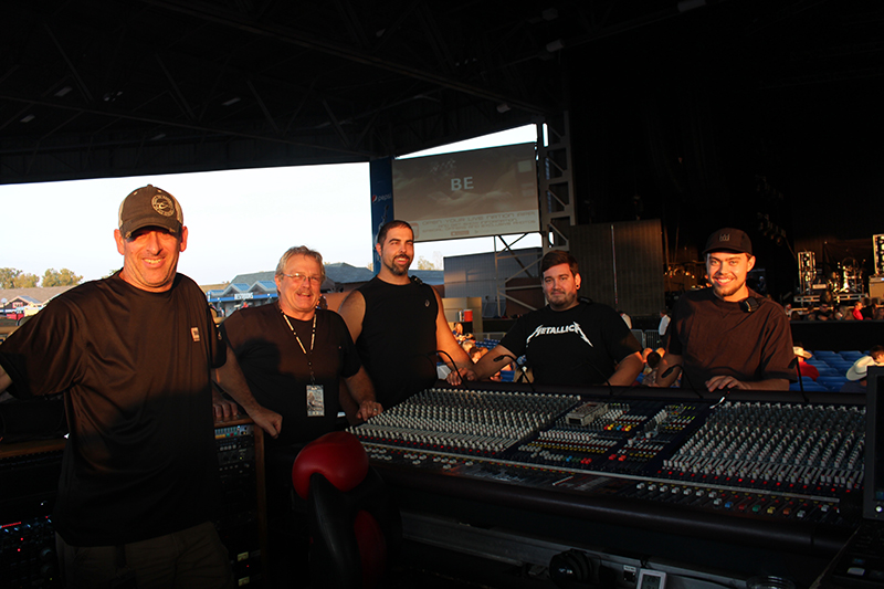 The crew, from left: Mark Gould (monitors), Kevin Freeman (FOH), Bill Chase (crew chief/ FOH tech), Liam Walker (P.A. tech) and Collin Erdman (monitor tech).