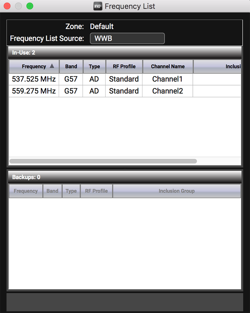 Shure Wireless Workbench Inventory List screen shot