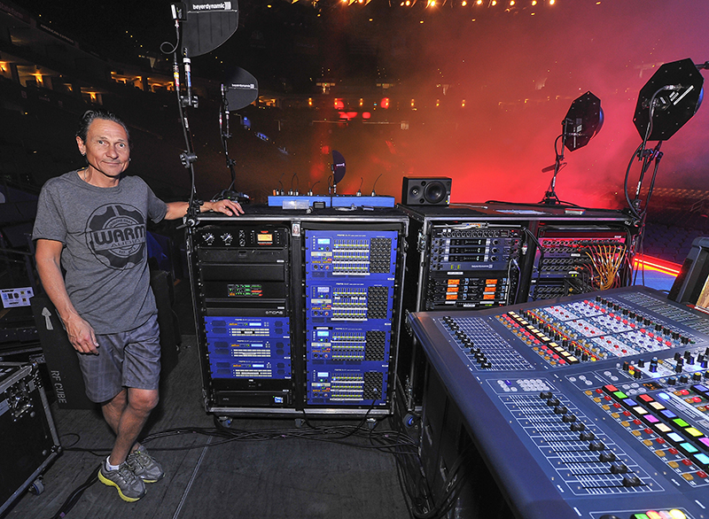 Sarne Thorogood with the rack gear at monitors. Photo by Steve Jennings