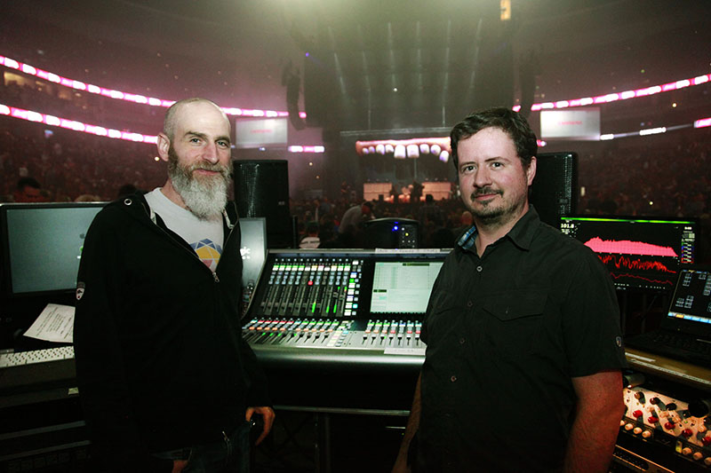 From left, FOH engineer Scott Eisenberg and systems engineer Cameron Whaley