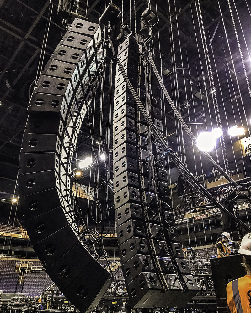 Stage left side of the all-Adamson main array and side array hangs.