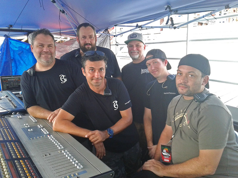 The audio crew, from left, included Neil Rosenstock, FOH Engineer, 3G Productions; Scott Southern, Monitor Engineer, 3G Productions (in back); Troy Arabia, Audio Engineer, 3G Productions (in front); Bill Blackstone, System Engineer, 3G Productions; Johnny Lesak, Patch, 3G Productions; and stagehand Eric Vilaire.